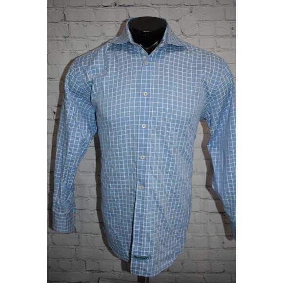 English Laundry Dress Shirt Mens Size Large Blue Plaid Geometric Flip Cuffs - Picture 2 of 10
